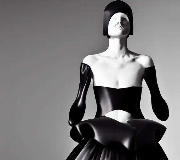 Image similar to extremely beautiful well lit fashion photo of a female statue wearing a neoprene asymmetrical ballgown in the style of rei kawakubo, yohji yamamoto, japanese avant garde fashion, statue, black marble, carving, glossy, vogue, beautiful lighting, clear, sharp focus, depth of field, portrait, editorial, vogue