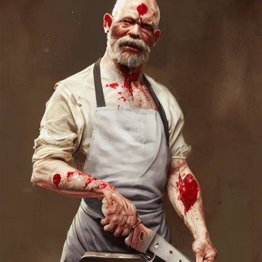 Prompt: portrait painting of a bloodied male butcher with with apron and cleaver, ultra realistic, concept art, intricate details, eerie, highly detailed, photorealistic, octane render, 8 k, unreal engine. art by artgerm and greg rutkowski and alphonse mucha