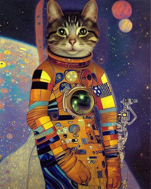 Image similar to space cosmonaut cat portrait an oil painting splashes with many colors and shapes by gustav klimt greg rutkowski and alphonse mucha, polycount, generative art, psychedelic, fractalism, glitch art