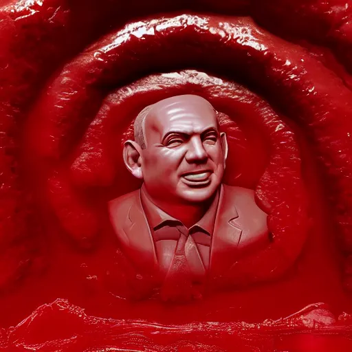 Prompt: a giant benjamin netanyahu sculpture made out of juicy red jelly inside a pool, long shot, hyper detailed, hyper realistic, ray tracing, 8 k resolution, sharp focus, realistic water, award winning