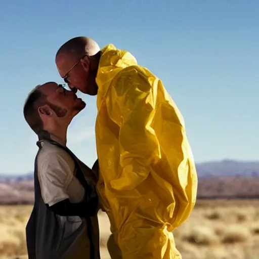 Image similar to a still from breaking bad of Jesse Pinkman kissing Walter White, close-up, highly detailed skin