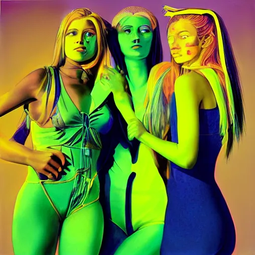 Image similar to neon yellow by peter elson calm. the photograph is a beautiful work of art. the three graces are depicted as beautiful young women, each with their own unique charms. the photograph is full of color & life, & the women seem to radiate happiness & joy.