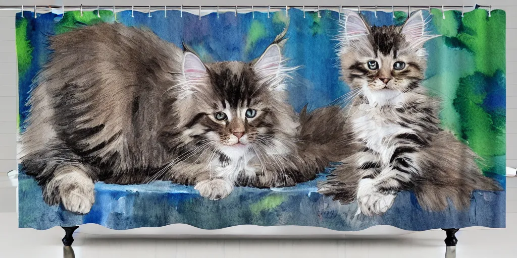 Image similar to shower curtain product catalog. on the curtain is a watercolor with ink under drawing of one maine coon kitten with a toy. wide - angle product photography, product lighting. 4 k, highly detailed. saturated.