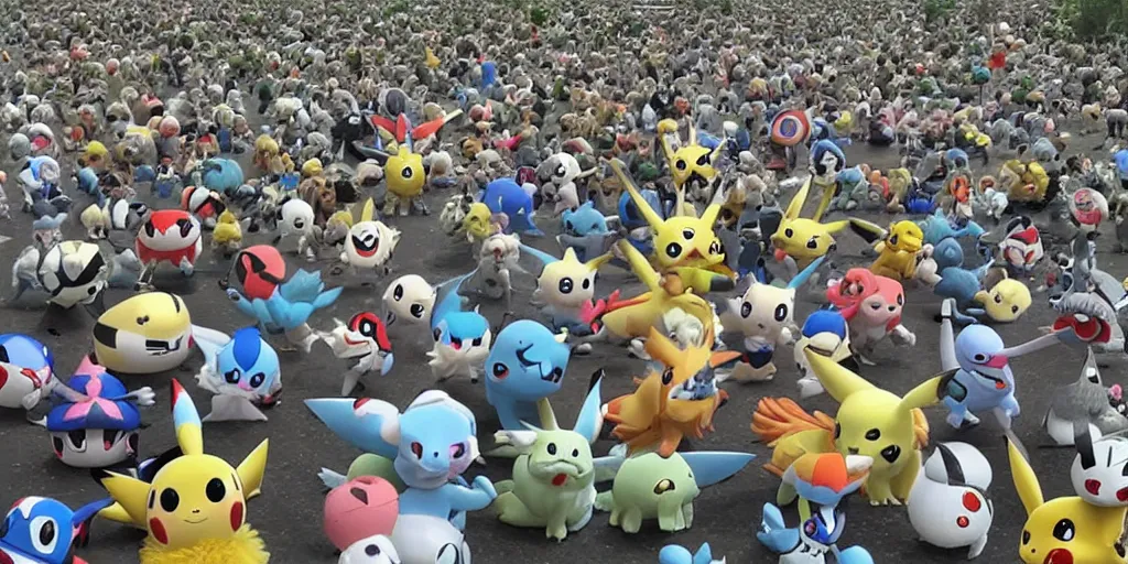 Prompt: an army of pokemon taking over the world