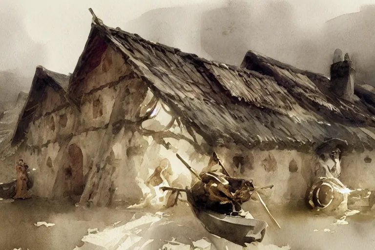 Image similar to abstract watercolor painting of hedonic scandinavian king house, in stone, straw roof, war lord, magical and traditional, runes, cinematic light, national romanticism by anders zorn, by greg rutkowski, by greg manchess