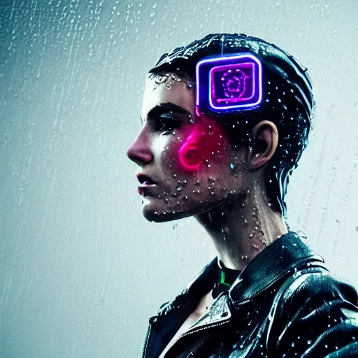 Image similar to stylish woman cartoon portrait made out of rain, leather jacket, cyberpunk background, rendered in octane, unreal engine, highly detailed, trending on artstation, realistic, neon, beautiful