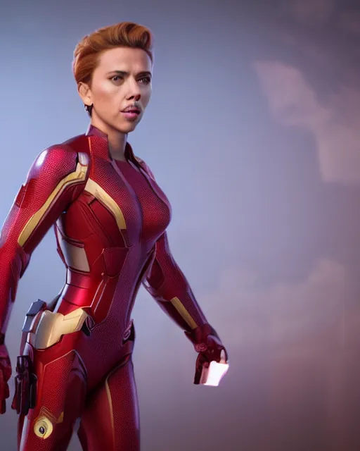 Image similar to film still of scarlett johansson in a fatsuit from 2 0 1 2's the avengers, cinematic lighting, octane render, backlit, rim lighting, 8 k resolution