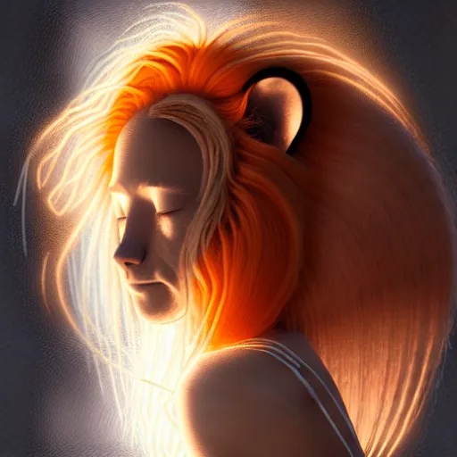 Image similar to Portrait of a girl angel with pale orange colored frizzy strands of illuminated hair, cat ears on her head, glowing halo, Lion's Mane, Lion's Gate, fantasy, intricate, elegant, highly detailed, digital painting, artstation, concept art, smooth, sharp focus, illustration, art by Krenz Cushart and Artem Demura and alphonse mucha