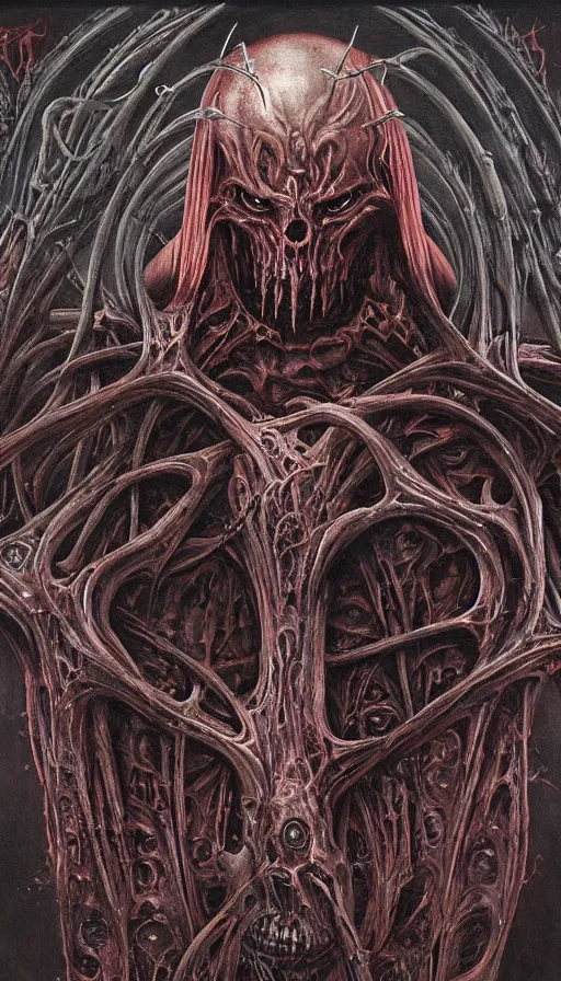 Prompt: Doom themed painting of symmetrical torso demon dissection anatomy with extended evil hands concept, intricate artwork by H.R. Giger, Johnatan Wayshak, Zdizslaw Beksinski, Ayami Kojima, Amano, Karol Bak, Moebius, and Mark Brooks, Neo-Gothic, gothic, rich deep colors, art by Takato Yamamoto, masterpiece, face by Artgerm, very coherent artwork, cinematic, hyper realism, high detail, octane render, unreal engine, 8k, High contrast, golden ratio, trending on cgsociety