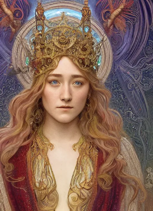 Prompt: Saoirse Ronan as God of Beauty, cute, fantasy, intricate, elegant, highly detailed, digital painting, 4k, HDR, concept art, smooth, sharp focus, illustration, art by alphonse mucha,artgerm, H R Giger