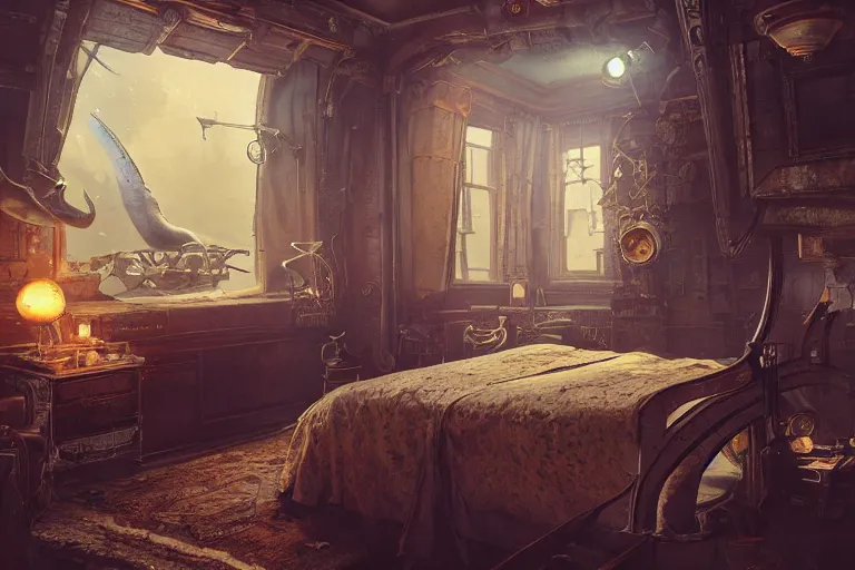 Prompt: Interior of a steampunk bedroom, 3d scene, render, ultra realistic, zenith view, Greg Rutkowski, artstation, cgsociety, level design, unreal engine alien whale flying over a steampunk city, 3d scene, render, ultra realistic, zenith view, Enki Bilal style