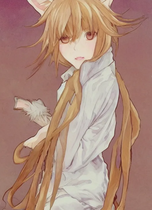 Prompt: A watercolor painting of a beautiful anime feminine catboy with short cream colored hair and fennec fox ears and tanned skin wearing a white sweater, elegant, delicate, soft lines, higly detailed, skinny, smooth , pixiv art, ArtStation, pink hue, artgem, art by alphonse mucha charles reid and shirow masamune, high quality