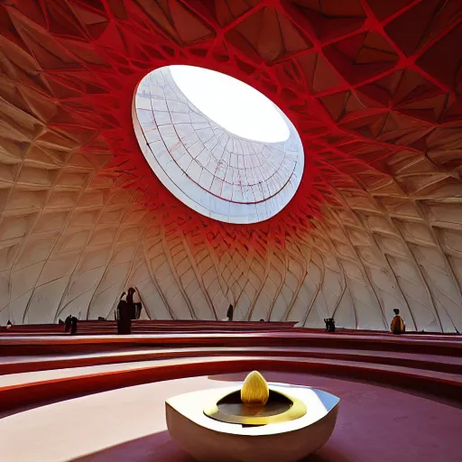 Image similar to interior of a futuristic lotus temple with gold, red and white marble panels, in the desert, by buckminster fuller and syd mead, intricate contemporary architecture, photo journalism, photography, cinematic, national geographic photoshoot