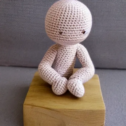 Prompt: amigurumi crocheted toy they looks like the statue the thinker by rodin, sitting on a wooden toy block