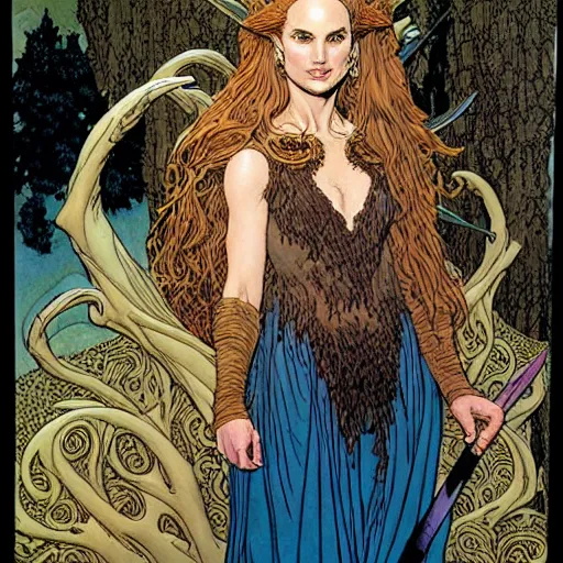 Image similar to a realistic portrait of natalie portman as a druidic wizard by rebecca guay, michael kaluta, charles vess and jean moebius giraud