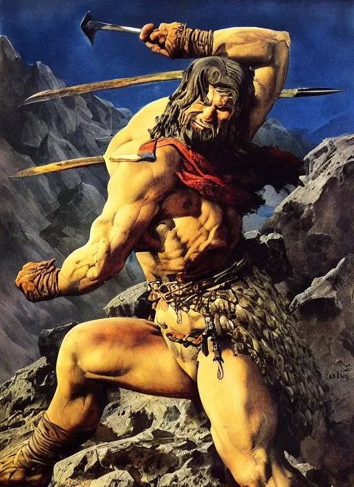 Image similar to portrait of barbarian on mountain, coherent! by mariusz lewandowski, by frank frazetta, deep color, strong line, high contrast