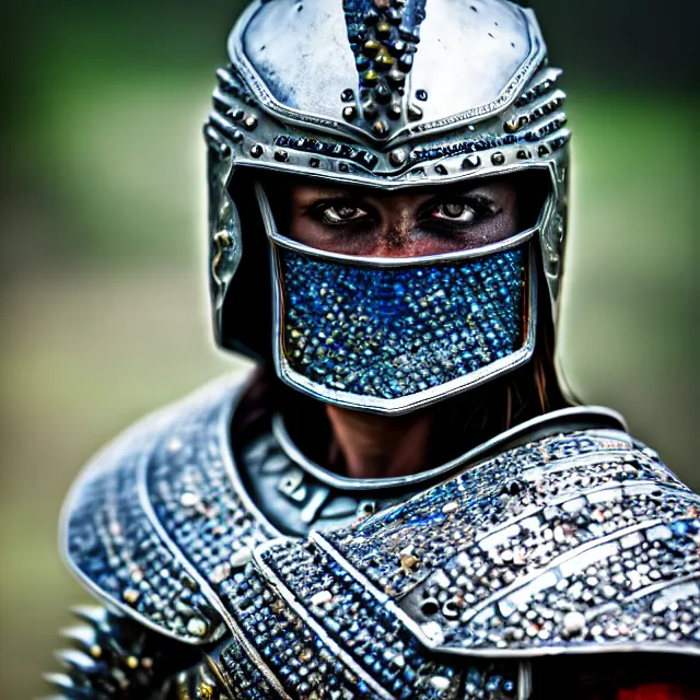 Image similar to photo of a warrior with sapphire encrusted armour highly detailed 8 k hdr smooth sharp focus high resolution award - winning photo dslr 5 0 mm