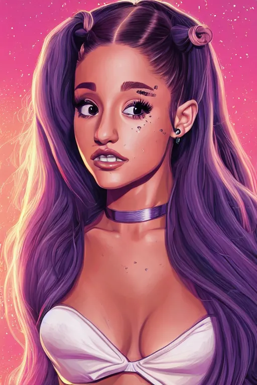 Prompt: a portrait of sexy ariana grande with long hair, drawn by robbie trevino and dan mumford, poster, digital art, comic art, concept art,, single head, no double head,