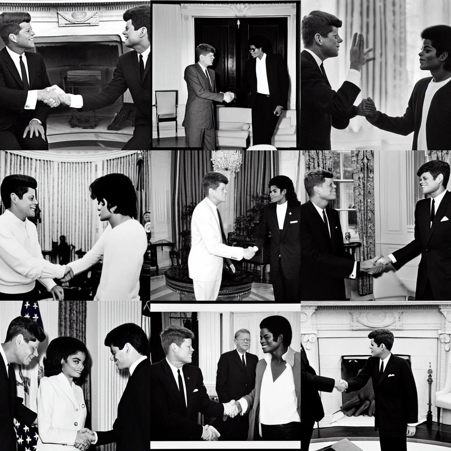 Prompt: John F. Kennedy and Michael Jackson doing a handshake in the White House oval office 1960, monochrome, instagram, trending, photograph, film grain and noise