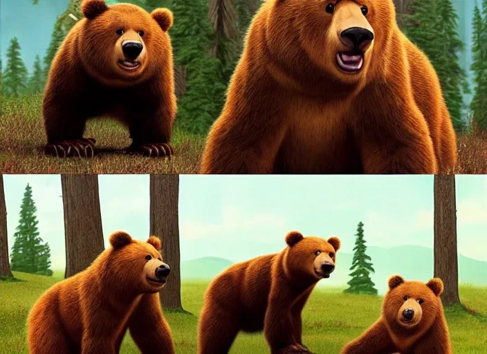 Image similar to screenshot from disney’s ‘Brother Bear’ (2003), iconic scene, HD remaster, Disney, highly detailed, high quality, beautiful scenery, brown bear, Kodak bears, Disney cartoon, film still