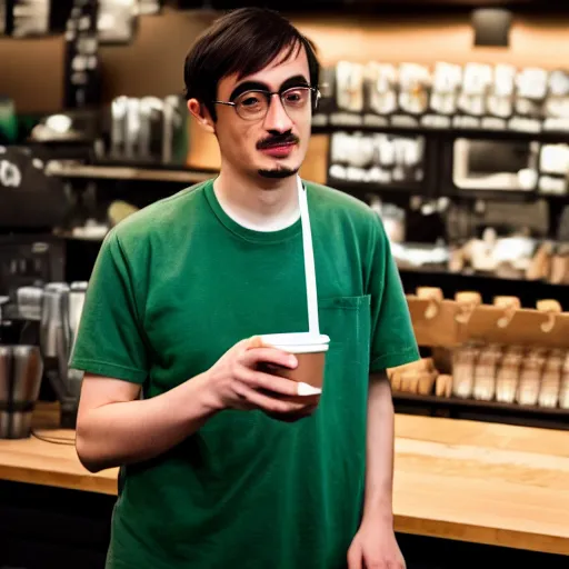 Prompt: filthy frank working at starbucks, 4 k, high resolution, still, landscape, hd, dslr, hyper realistic