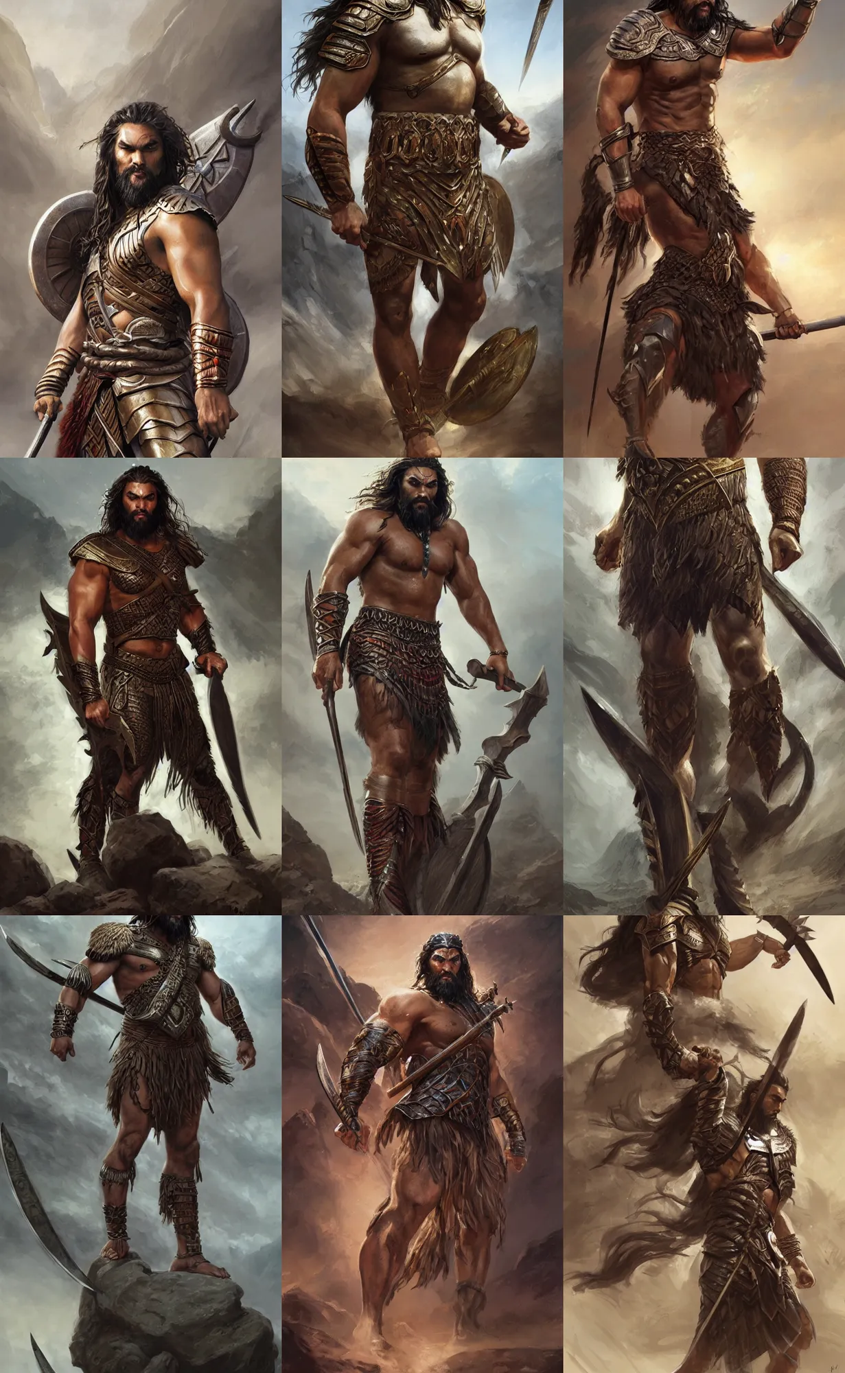 Prompt: jason momoa as assyrian warrior, front view, full body, full shot, neutral background, highly detailed, digital painting, artstation, concept art, sharp focus, illustration, orientalism, art by artgerm and greg rutkowski and raphael lacoste and magali villeneuve