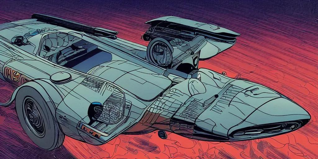 Prompt: moebius comic art, the incal, maserati tipo 1 5 1, cinematic moebius illustration, driver rider, painting, film still, knight rider kitt, jack kirby