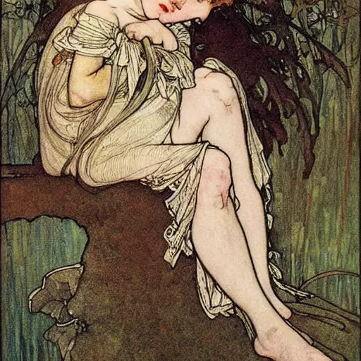 Image similar to a cute little girl fairy with a mischievous face and short brown wavy curly hair. well composed, clean elegant painting, beautiful detailed face. art by arthur rackham and alphonse mucha