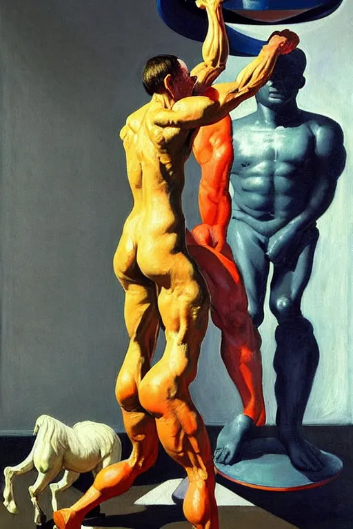 Image similar to bodybuilder in an astronaut helmet and costume lifts a statue of a horse, highly detailed painting by francis bacon, edward hopper, adrian ghenie, gerhard richter, and james jean soft light 4 k,