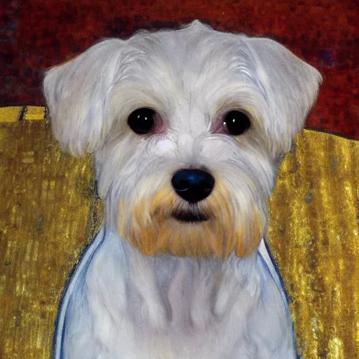 Prompt: White terrier dog in Gustav Klimt style portrait