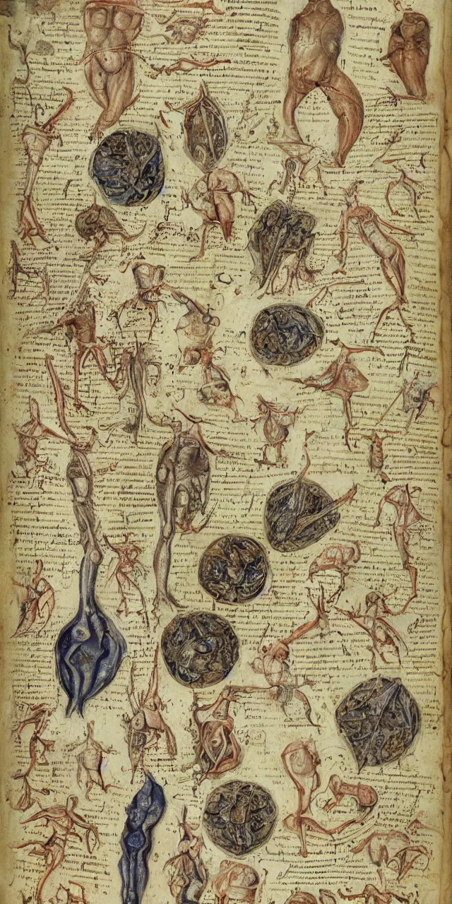 Image similar to an open page of the voynich manuscript, depicting a digital painting of human anatomy by da vinci, extremely detailed, professional, epic highlights, full colors