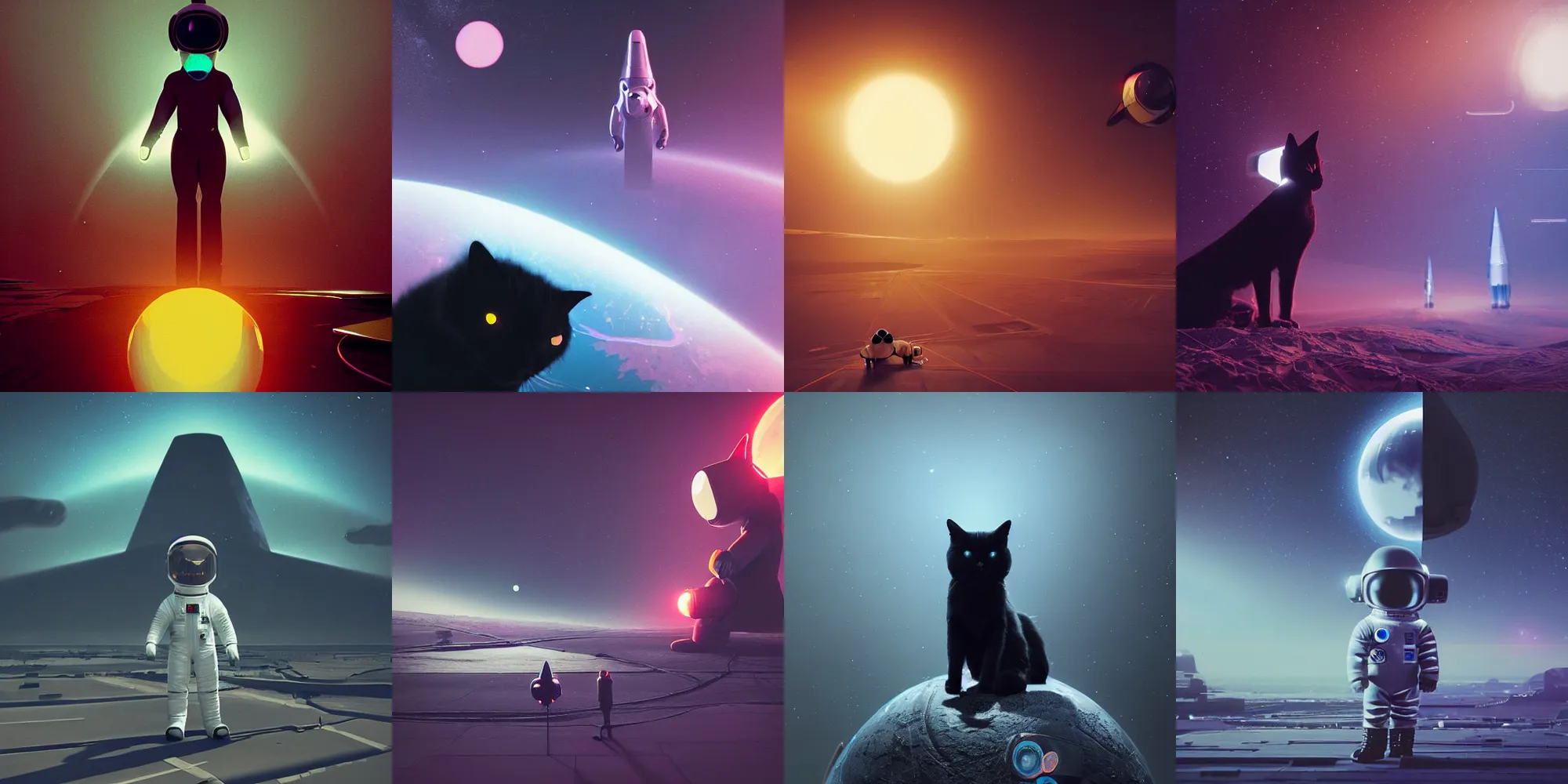 Image similar to beautiful dark landscape, a black cat dressed as an astronaut, in the style of beeple and Mike Winkelmann, intricate, epic lighting, cinematic composition, hyper realistic, 8k resolution, unreal engine 5,