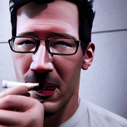 Image similar to 3 d render of markiplier smoking a cigarette, unreal engine, dslr, award winning, 8 k, octane beautifully detailed render, cold lighting, cinematic lighting, detailed photo,