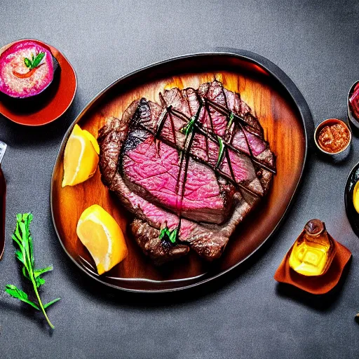 Prompt: yummy beef grill steak, food photograph, food styling, long shot, lens 85 mm, f 11, studio photograph, ultra-detailed, octane render, 8k,