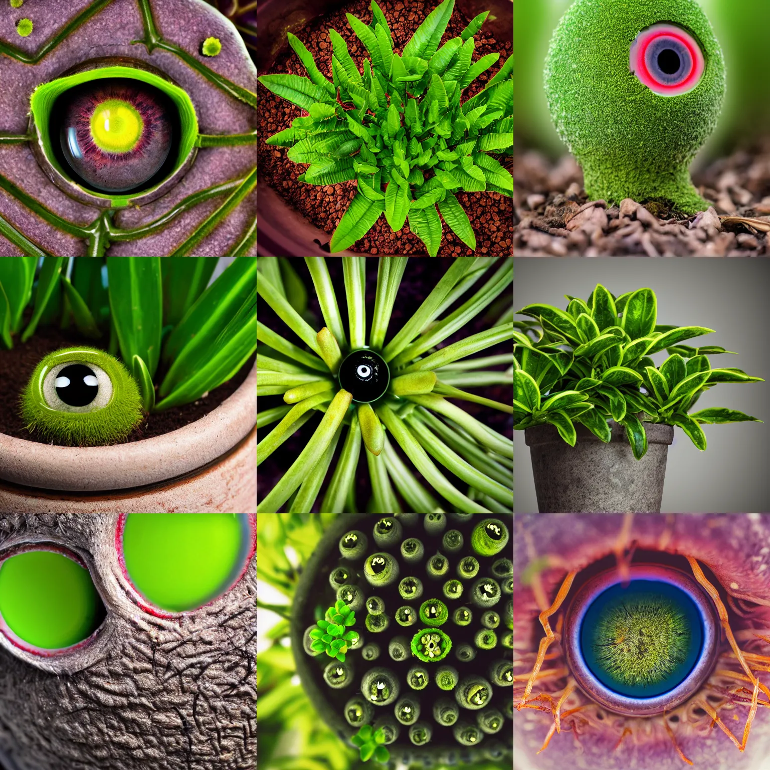 Prompt: A potted plant growing human eyeballs on stalks. 8k high resolution, extremely detailed. High resolution nature photography.