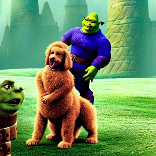 Prompt: cinestill of shrek from shrek ( 2 0 0 1 ) riding a blonde labradoodle