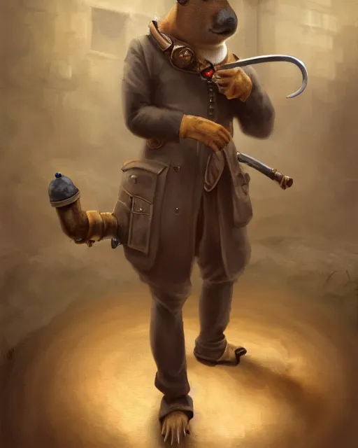 Prompt: oil painting of anthropomorphized capybara holding a pipe, steampunk clothes, close shot, full body, dark steampunk mine shaft background, sharp focus, fantasy style, octane render, volumetric lighting, 8k high definition, by greg rutkowski, highly detailed, trending on art Station, dungeons and dragons artwork, centered