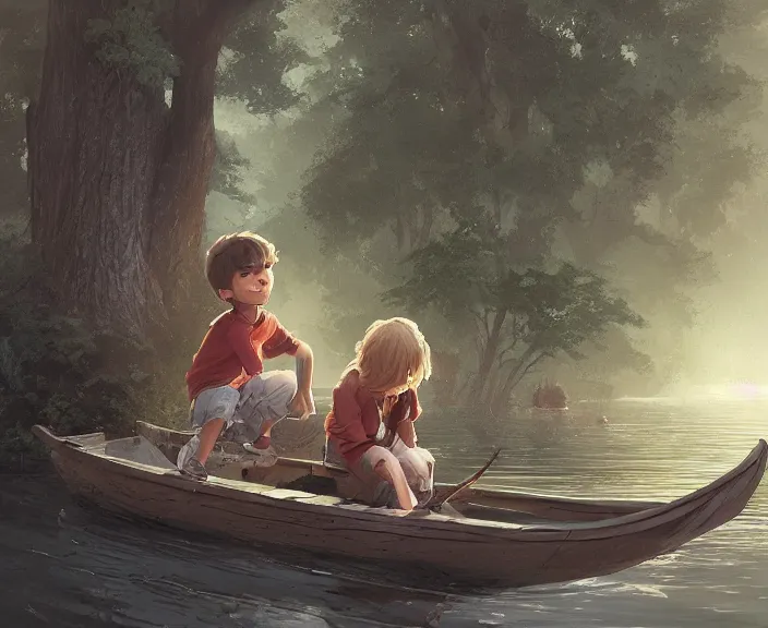 Prompt: a boy and a girl paid sitting together romantically on a long rowboat, girl is leaning on boy’s shoulder. Ripples, trees, shady, atmospheric lighting, details, sharp focus, illustration, by Jordan Grimmer and greg rutkowski, Trending artstation, pixiv, digital art