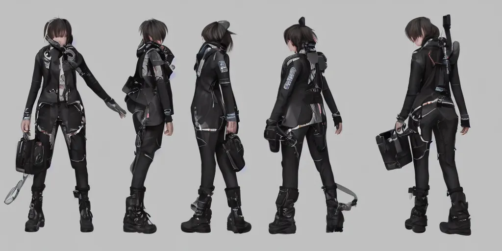 Prompt: a woman in scientist's jacket with a system of straps and pouches for collecting material by Tetsuya Nomura, trending on artstation and pixiv clean sci-fi concept art and sheet that using unreal engine 5 render and hyper detailed 3D texture with cinematic software light