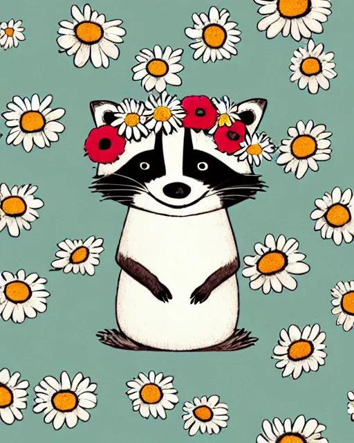 Prompt: a minimalist storybook illustration of a smiling happy cute raccoon wearing a flower crown of daisies and poppies, by antoine de saint - exupery and annabel kidston and naomi okubo and jean - baptiste monge. a child storybook illustration, muted colors, soft colors, low saturation, fine lines, white paper