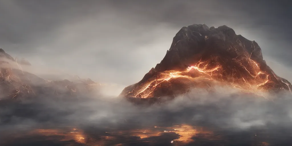 Image similar to mount olympus, fog, amazing lightning art, fog, octane render, ray tracing, realistic fire sharp focus, long shot, 8 k resolution, cinematic