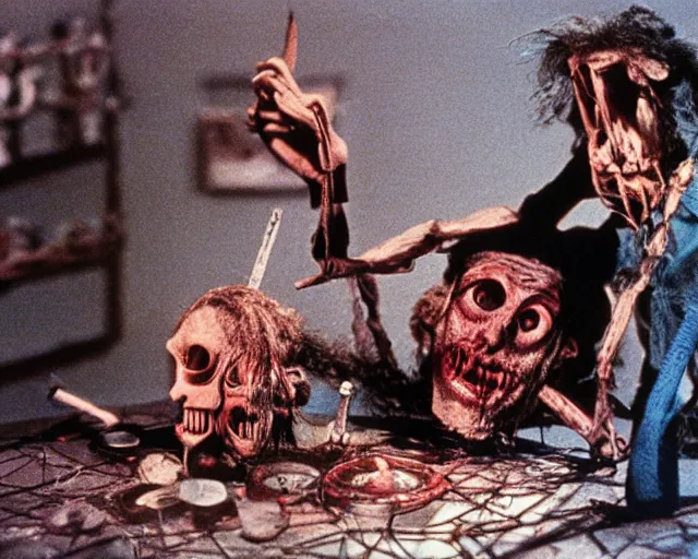 Image similar to still from a full - color 1 9 8 5 creepy live - action stop - motion puppetry film by the brothers quay in the style of a tool music - video, involving nails and soap, inside elaborate dioramas.