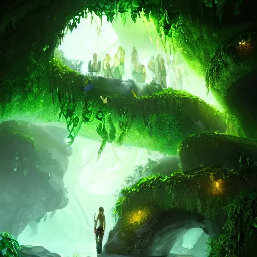 Image similar to looking into lush cave with glowing emeralds and vines hanging from the ceiling, sharp focus, cinematic light, artgerm, cgsociety, highly detailed