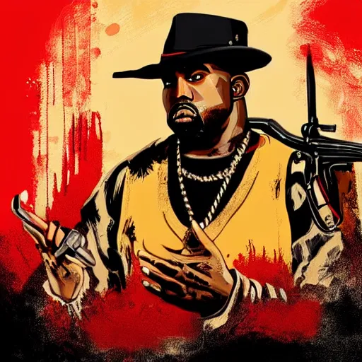 Image similar to portrait of kanye west in stephen bliss illustration red dead redemption 2 artwork of kanye west, in the style of red dead redemption 2 loading screen, by stephen bliss