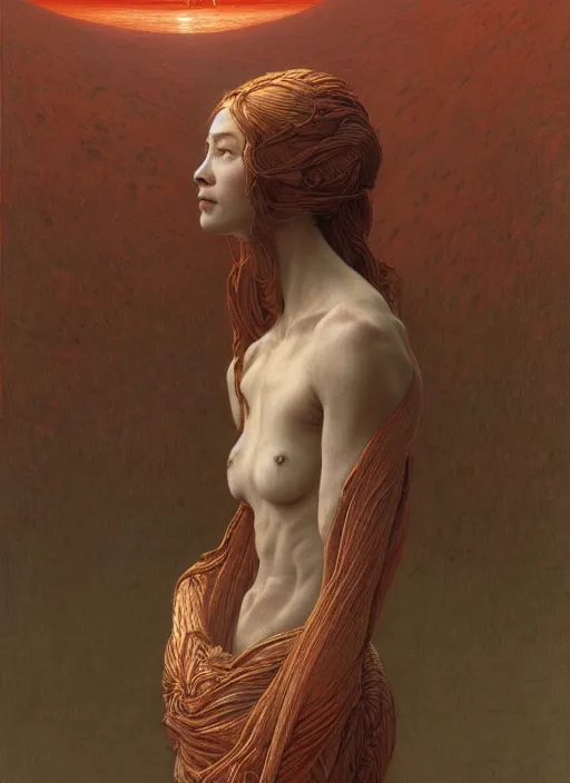 Image similar to Woman masterpiece, red, golden halo behind her head, by Edgar Maxence and Ross Tran, Zdzisław Beksiński, and Michael Whelan, distant, gustav dore, H.R. Giger, 8k, octane render