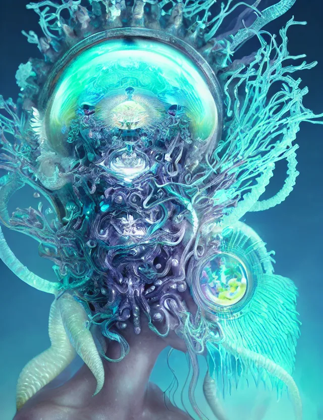 Image similar to goddess macro close - up portrait wigh crown made of ram skull. betta fish, jellyfish phoenix, bioluminiscent, plasma, ice, water, wind, creature, super intricate ornaments artwork by tooth wu and wlop and beeple and greg rutkowski