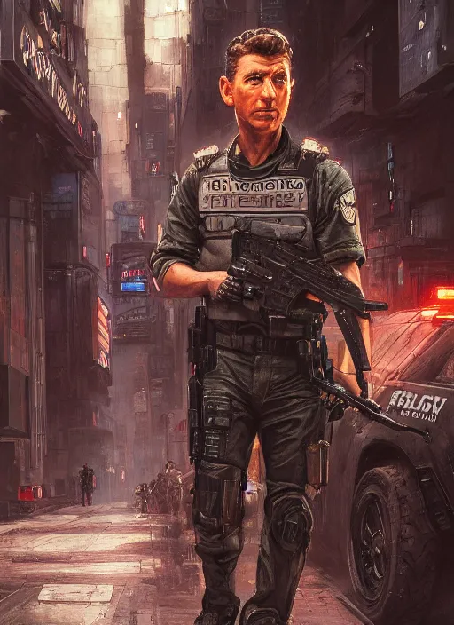 Prompt: andy griffith. cyberpunk police trooper in a military vest ( blade runner 2 0 4 9, cyberpunk 2 0 7 7 ). orientalist portrait by john william waterhouse and james gurney and theodore ralli and nasreddine dinet, oil on canvas. cinematic, hyper realism, realistic proportions, dramatic lighting, high detail 4 k