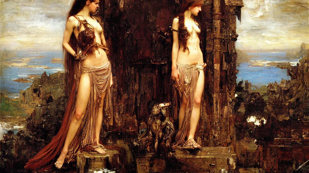 Image similar to ( i, throneless, hear the discords of the dark, and roar of ruin uncreate ) in the style of benjamin constant, gustave moreau, john william waterhouse, jean - paul laurens, oil on canvas, 4 k resolution