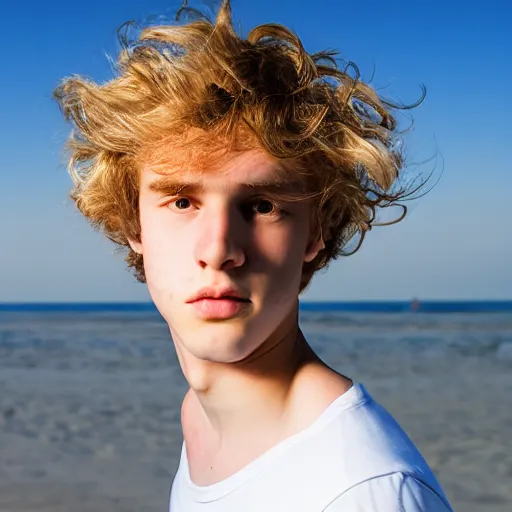 Image similar to portrait of a beautiful teenage boy around 2 0 yo. natural blonde hair, pale skin. slight overweight. beach background. detailed face.