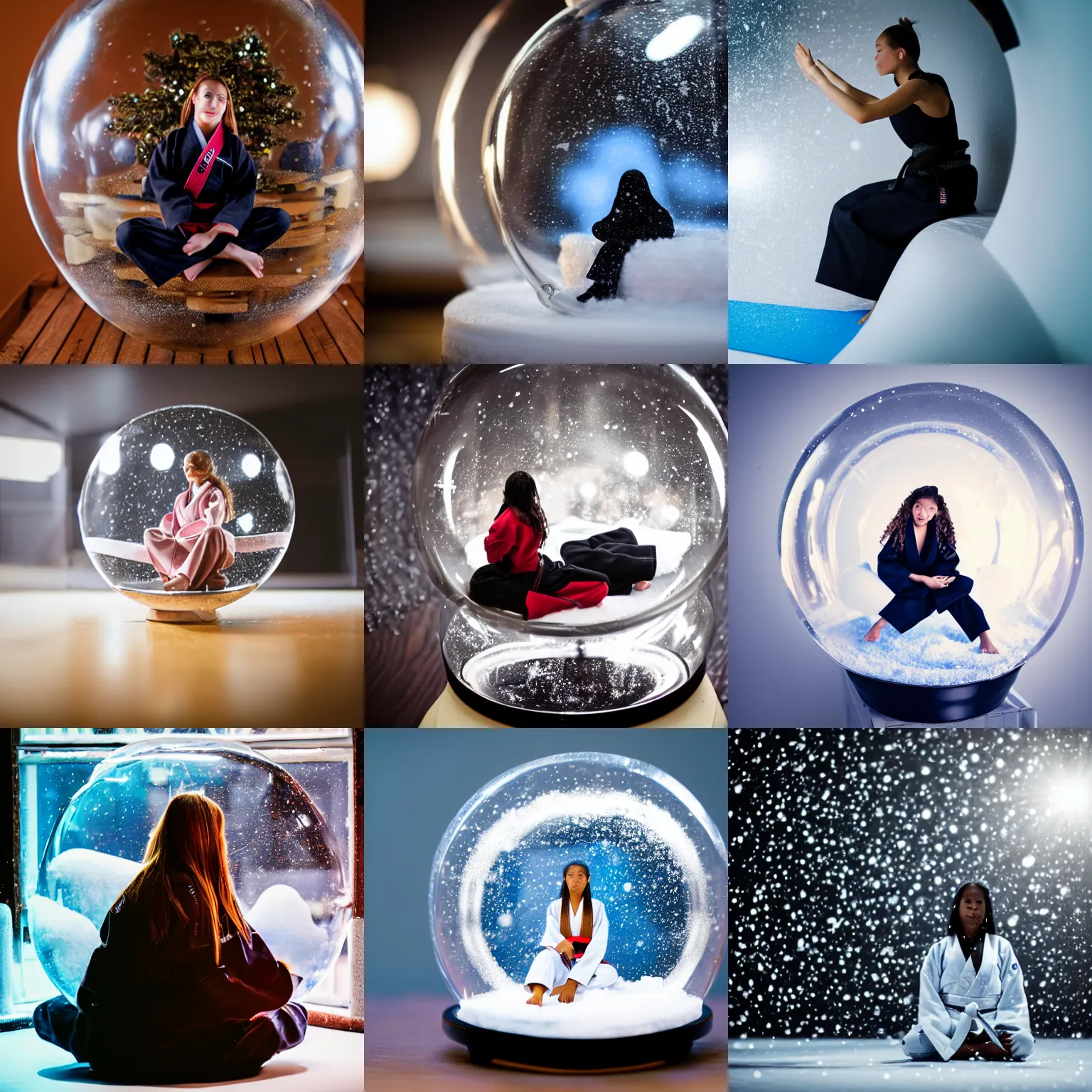 Prompt: Young black belt judo woman sitting, inside a giant snowglobe on a shelf, macro photography